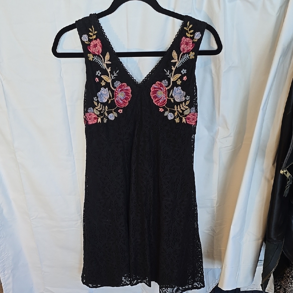 Black Lace Dress with Floral Embroidery